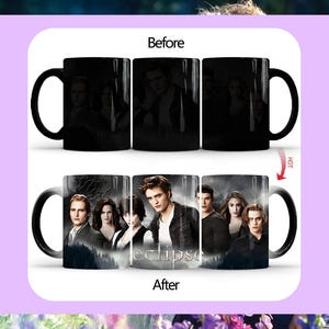 May include: Black heat-sensitive mug featuring characters from the movie "Twilight". The mug's design changes when hot liquid is added, revealing a full-color image. The word "eclipse" is visible on the mug.