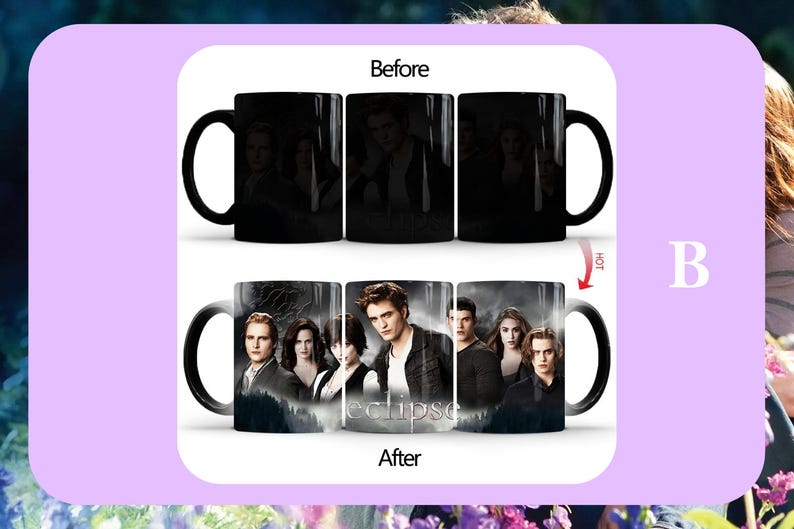 May include: Black heat-sensitive mug featuring characters from the movie "Twilight". The mug's design changes when hot liquid is added, revealing a full-color image. The word "eclipse" is visible on the mug.