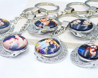 Twilight 3D Glass Keychain / Floral hollow New Moon / rotatable