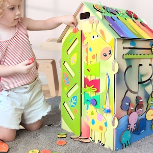 Cadeau 1er anniversaire pour enfant, planche Montessori occupée, maison occupée sur le thème de la girafe, maisonnette pour garçon, fille, développement de la motricité fine pour tout-petit