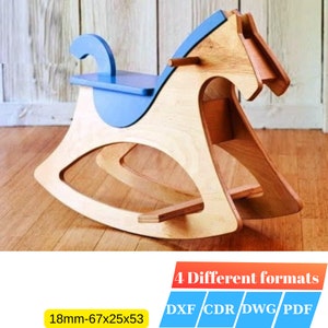 May include: Wooden rocking horse toy with a blue saddle. The horse is made of plywood and has a natural wood finish. The rocking base is made of plywood and has a natural wood finish. The toy is 67 cm long, 25 cm wide, and 53 cm high. 4 Different formats: DXF, CDR, DWG, PDF.