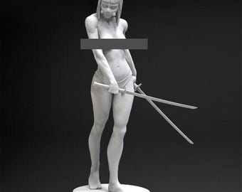 May include: A white figurine of a woman holding two swords. She is wearing a mask and a small skirt. The figurine is standing on a white base.