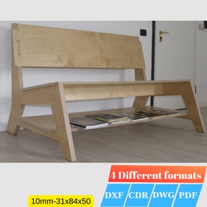 May include: A wooden bench with a back and a shelf underneath. The bench is made of light wood and has a simple design. The bench is 10mm thick and measures 31 inches by 84 inches by 50 inches. The image also includes the text "4 Different formats" and "DXF CDR DWG PDF".