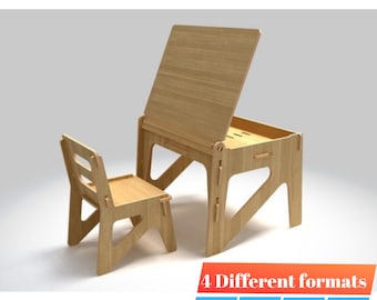 Op de afbeelding: Een houten kinderkunsttafel- en stoelsets met een omklapbare ezel. De tafel heeft een klein opbergvak en de stoel heeft een eenvoudig ontwerp. De set is gemaakt van 12 mm dik multiplex en meet 71 cm x 60 cm x 55,5 cm.