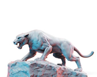 May include: A white panther statue with a blue and red color gradient, standing on a rocky base. The panther is snarling with its mouth open and its teeth showing.