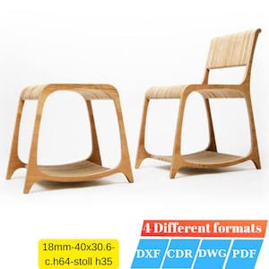 May include: A set of two wooden chairs with a simple, modern design. The chairs have a curved back and a shelf underneath the seat. The chairs are made of light-colored wood and have a natural finish. 18mm-40x30.6-c.h64-stoll h35. 4 Different formats: DXF/CDR/DWG/PDF