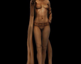 May include: A nude female figurine with a crown and a flowing robe, standing on a decorative base. The figurine is made of a brown material and has a realistic appearance.