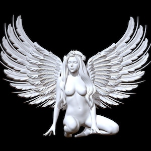 May include: A white sculpture of an angel with large wings. The angel is kneeling with its head tilted down and its eyes closed. The sculpture is made of a smooth, white material and has a realistic appearance.