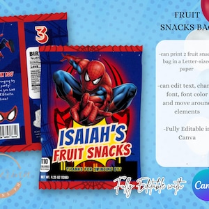 May include: Blue fruit snacks bag featuring Spider-Man graphics. The bag is labeled "Isaiah's Fruit Snacks" with the text "Thanks for swinging by!" and includes nutritional information. The design is fully editable in Canva.