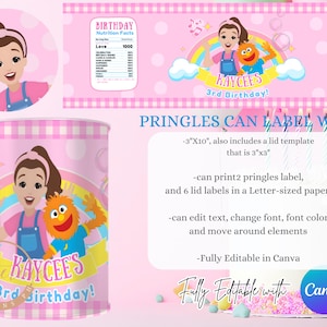 K&ouml;nnte beinhalten: Rosa Pringles-Dosenetikett mit einem Cartoon-M&auml;dchen und einer Muppet-Figur, mit dem Text "Kaycee's 3rd Birthday!" und "Birthday Nutrition Facts". Enth&auml;lt eine Deckelvorlage und bearbeitbare Funktionen.