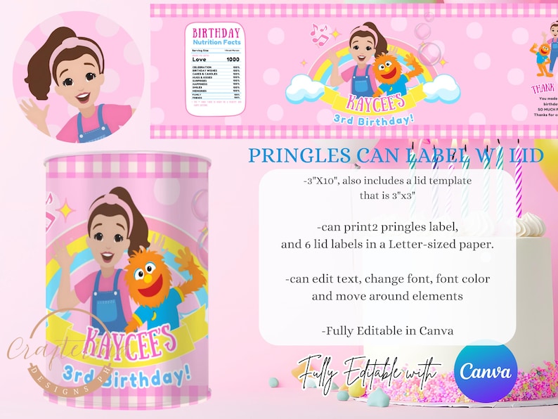 K&ouml;nnte beinhalten: Rosa Pringles-Dosenetikett mit einem Cartoon-M&auml;dchen und einer Muppet-Figur, mit dem Text "Kaycee's 3rd Birthday!" und "Birthday Nutrition Facts". Enth&auml;lt eine Deckelvorlage und bearbeitbare Funktionen.