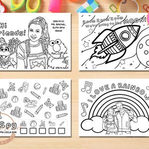 May include: Black and white coloring pages featuring characters from the children's television show "Sesame Street". The pages include a rocket ship, a rainbow, and a "I Spy" game.