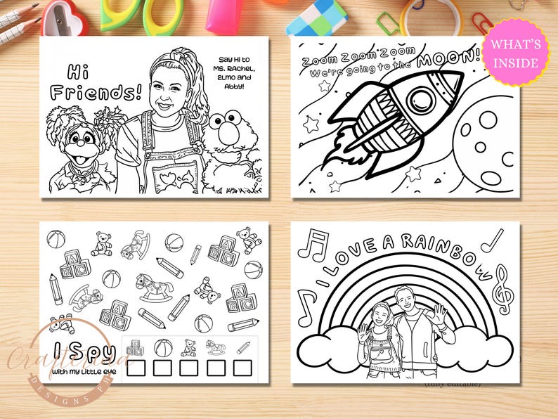 May include: Black and white coloring pages featuring characters from the children's television show "Sesame Street". The pages include a rocket ship, a rainbow, and a "I Spy" game.