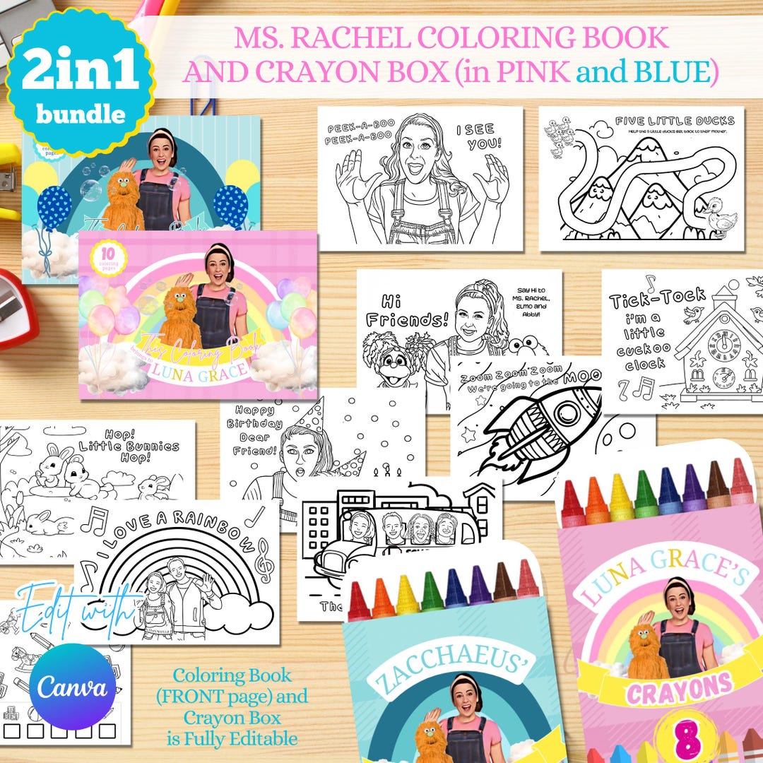 Ms Rachel Coloring Book & Crayon Box: Editable Birthday Party Bundle ...