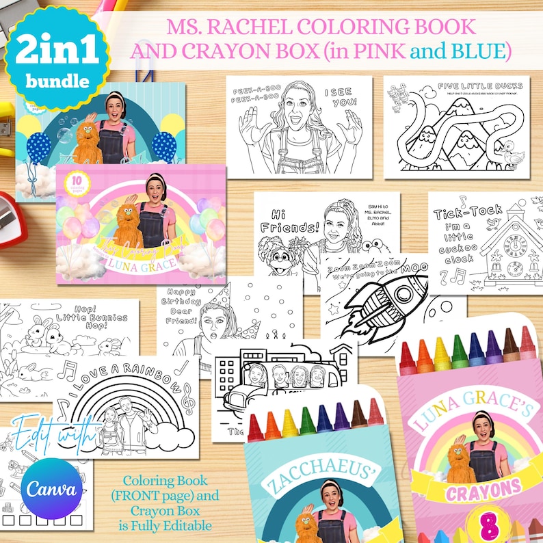 Ms Rachel Coloring Book & Crayon Box: Editable Birthday Party Bundle (Digital Download) image 1