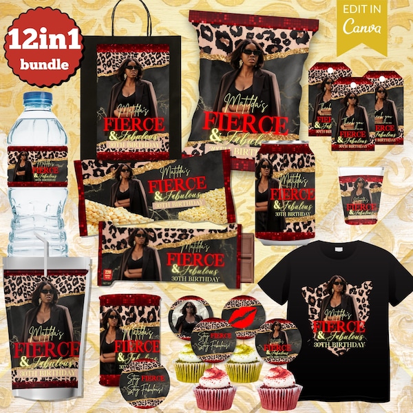 Leopard Cheetah Birthday Party Favor Bundle: Red, Black, Gold (Digital Download Canva Template)