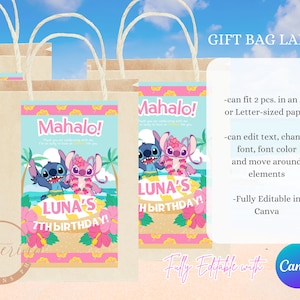May include: Gift bag labels featuring a cartoon couple with the text "Mahalo!" and "Luna's 7th Birthday!" on a tropical background. The labels are on brown paper bags with white handles. The design is fully editable in Canva.