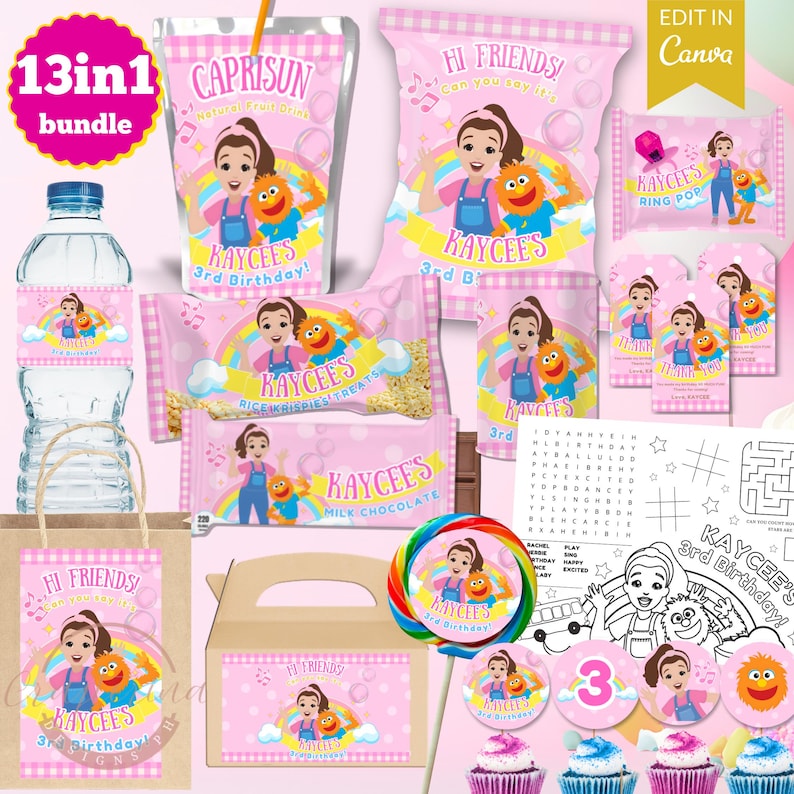 K&ouml;nnte beinhalten: Eine Sammlung rosa Partyzubeh&ouml;rs zum 3. Geburtstag mit einem Cartoon-M&auml;dchen und einem gelben Monster. Enth&auml;lt Capri Sun-Beutel, S&uuml;&szlig;igkeiten, Wasserflaschenetiketten und Cupcake-Topper. Text: "Kaycee's 3rd Birthday!"
