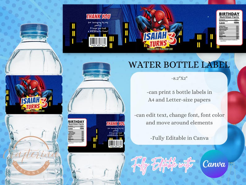 May include: Water bottle labels featuring a Spider-Man design for a birthday celebration. The labels are blue with a cityscape silhouette and include the text "Isaiah Turns 3". The labels are 8.2" x 2" and fully editable in Canva.