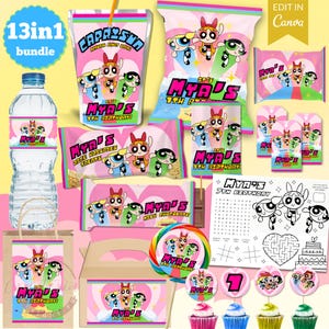 Puede incluir: Un paquete de fiesta de cumpleaños 13 en 1 con Las Supernenas. El conjunto incluye etiquetas para botellas de agua, bolsas de Capri Sun, bolsas de patatas fritas, golosinas de arroz inflado, barras de chocolate, una piruleta, adornos para cupcakes, una bolsa de regalo y una caja.
