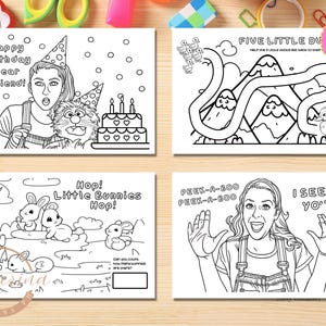 May include: A set of four black and white coloring pages featuring characters from the children's television show "Sesame Street". The pages include a birthday card, a counting activity, a maze, and a peek-a-boo game.