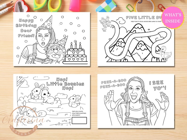 May include: A set of four black and white coloring pages featuring characters from the children's television show "Sesame Street". The pages include a birthday card, a counting activity, a maze, and a peek-a-boo game.