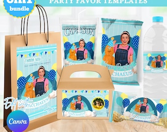 May include: A set of 6 printable party favor templates featuring a young girl with a furry puppet. The templates include a chip bag, rice krispies bag, juice pouch label, water bottle label, favor bag label, and gable box label. The templates are designed in a blue and yellow color scheme with a cloud and balloon theme. The text on the templates reads "Happy Birthday Chaeus" and "Edit with Canva".