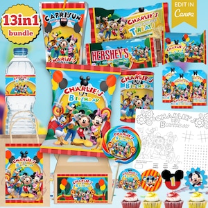 Könnte beinhalten: Ein farbenfrohes Geburtstags-Party-Set mit Micky Maus und Freunden. Enthält Capri Sun, Rice Krispies Treats, Hershey's Riegel und verschiedene Party-Gefälligkeiten. Das Thema ist "Charlies 1. Geburtstag" mit passenden Dekorationen und Leckereien.