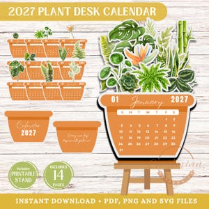 Può includere: Un calendario da scrivania 2027 a tema piante con 14 pagine, vasi color terracotta e illustrazioni ad acquerello di varie piante verdi. Include un supporto stampabile, griglie mensili e il testo 2027 PLANT DESK CALENDAR.