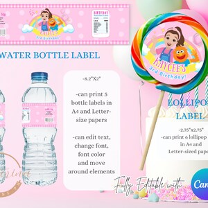 K&ouml;nnte beinhalten: Rosa Wasserflaschenetiketten und Lutscheretiketten mit Geburtstagsthema. Die Wasserflaschenetiketten sind 20,8 cm x 5,1 cm gro&szlig; und die Lutscheretiketten sind 7 cm x 7 cm gro&szlig;. Die Etiketten zeigen ein Cartoon-M&auml;dchen und den Text "Kaycee's 3rd Birthday!"