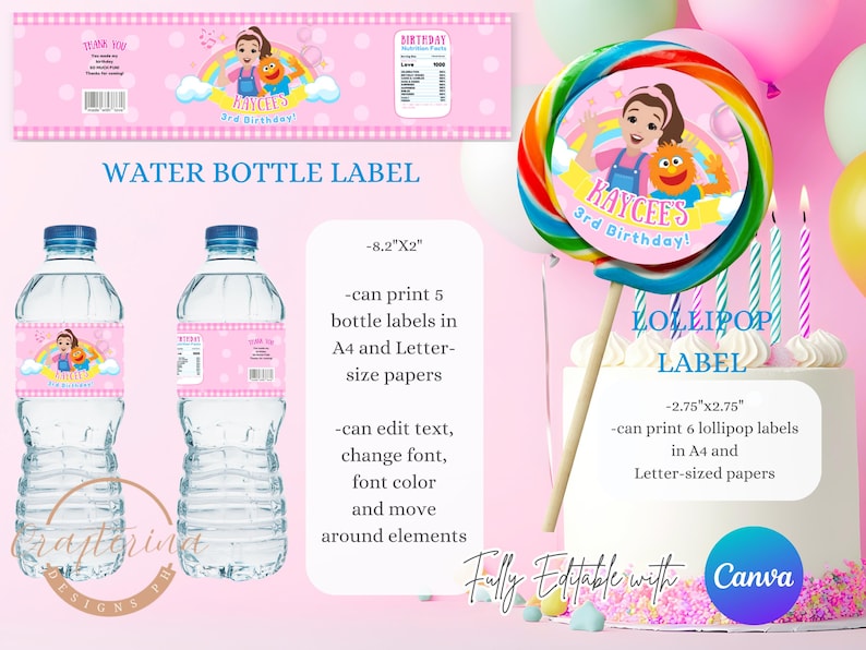 K&ouml;nnte beinhalten: Rosa Wasserflaschenetiketten und Lutscheretiketten mit Geburtstagsthema. Die Wasserflaschenetiketten sind 20,8 cm x 5,1 cm gro&szlig; und die Lutscheretiketten sind 7 cm x 7 cm gro&szlig;. Die Etiketten zeigen ein Cartoon-M&auml;dchen und den Text "Kaycee's 3rd Birthday!"