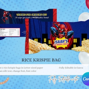 May include: Rice Krispie treat bag featuring a Spider-Man theme. The bag has a blue background with a cityscape silhouette and the text "ISAIAH'S RICE KRISPIE TREATS". The text "THANKS FOR SWINGING BY! I hope you had a WEBtastic time!" is also visible.