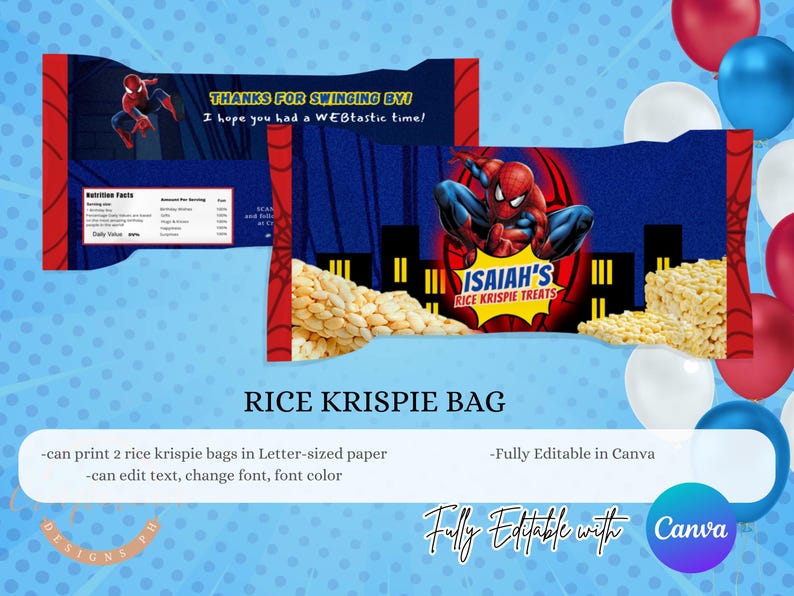 May include: Rice Krispie treat bag featuring a Spider-Man theme. The bag has a blue background with a cityscape silhouette and the text "ISAIAH'S RICE KRISPIE TREATS". The text "THANKS FOR SWINGING BY! I hope you had a WEBtastic time!" is also visible.