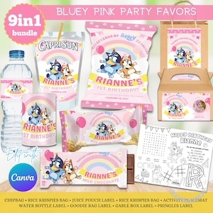 Bluey Pink Mädchen Hund Gastgeschenk, Bluey Geburtstagsdeko, Bluey Pink Aktivität, Bluey Favor Bag, Bluey Flasche Etikett, Bluey Chipbag, Bluey Saft