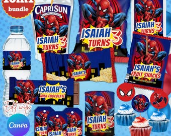 Spider man Party Favors, Spider Man Chip Bag, Spider Man Birthday Labels, Goodie Bag, Rice Krispies, Caprisun, Stickers, Pringles, Juice