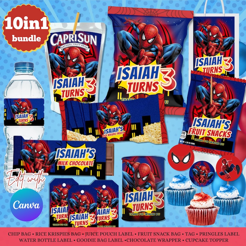 May include: A collection of party supplies featuring a Spider-Man theme. Includes water bottle labels, juice pouch labels, chip bags, candy wrappers, cupcake toppers, and more. The text "Isaiah Turns 3" is prominently displayed.