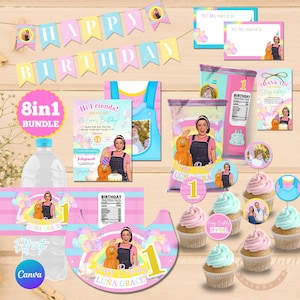Puede incluir: Un paquete de imprimibles para fiesta de cumpleaños rosa y azul con una foto de una niña y el texto "Luna Grace" y "Feliz cumpleaños". El paquete incluye una pancarta, adornos para cupcakes, etiquetas para botellas de agua, bolsas de regalo y una invitación.