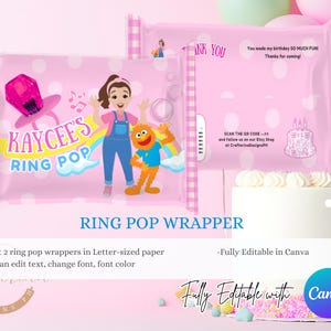 K&ouml;nnte beinhalten: Rosa Ring Pop-Verpackungen mit einer Cartoon-Illustration eines M&auml;dchens und einer Figur aus der Sesamstra&szlig;e. Die Verpackungen tragen den Text "KAYCEE'S RING POP" und "RING POP WRAPPER". Vollst&auml;ndig bearbeitbar in Canva.