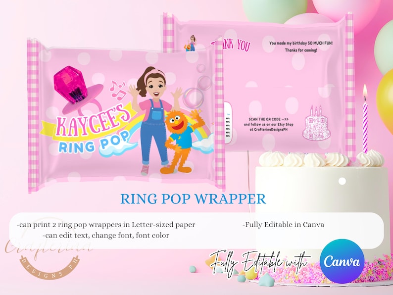 K&ouml;nnte beinhalten: Rosa Ring Pop-Verpackungen mit einer Cartoon-Illustration eines M&auml;dchens und einer Figur aus der Sesamstra&szlig;e. Die Verpackungen tragen den Text "KAYCEE'S RING POP" und "RING POP WRAPPER". Vollst&auml;ndig bearbeitbar in Canva.