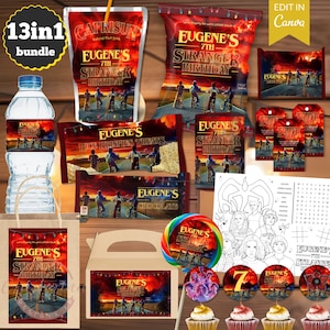 Puede incluir: Un paquete de fiesta 13 en 1 con temática de Stranger Things. Incluye Capri Sun, Rice Krispies Treats, chocolate, etiquetas para botellas de agua, una bolsa de mano, una piruleta, adornos para cupcakes y una página para colorear.
