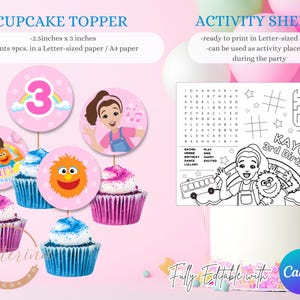K&ouml;nnte beinhalten: Rosa Cupcake-Topper und ein Aktivit&auml;tsblatt f&uuml;r einen 3. Geburtstag. Die Cupcake-Topper sind 6,35 cm x 7,62 cm gro&szlig; und zeigen die Zahl 3, ein Cartoon-M&auml;dchen und ein freundliches orangefarbenes Monster. Das Aktivit&auml;tsblatt enth&auml;lt ein Labyrinth und ein Suchwort.