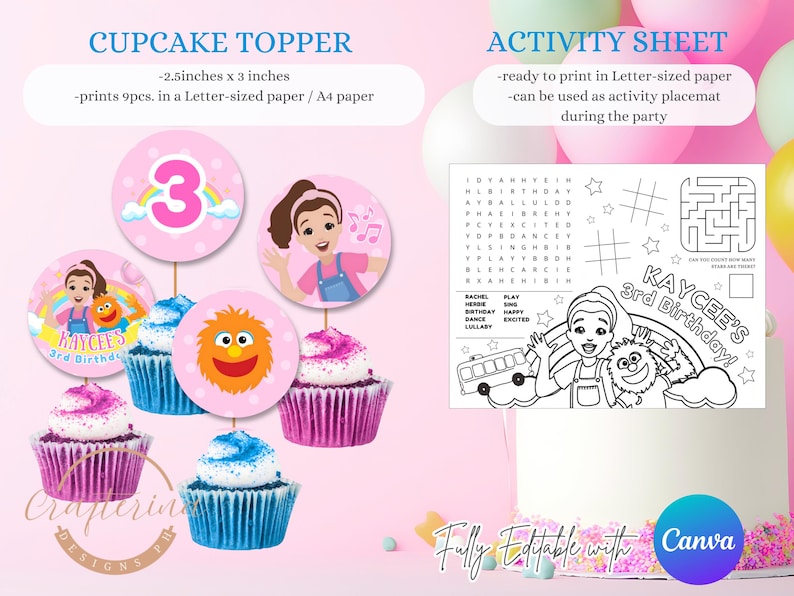 K&ouml;nnte beinhalten: Rosa Cupcake-Topper und ein Aktivit&auml;tsblatt f&uuml;r einen 3. Geburtstag. Die Cupcake-Topper sind 6,35 cm x 7,62 cm gro&szlig; und zeigen die Zahl 3, ein Cartoon-M&auml;dchen und ein freundliches orangefarbenes Monster. Das Aktivit&auml;tsblatt enth&auml;lt ein Labyrinth und ein Suchwort.
