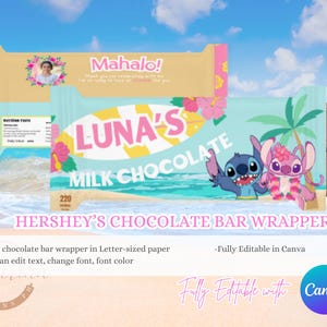 May include: Hershey's chocolate bar wrapper with a tropical theme. The wrapper features the text "LUNA'S MILK CHOCOLATE" with cartoon characters and the text "Mahalo!" on a separate wrapper. The design includes pink and yellow floral accents.
