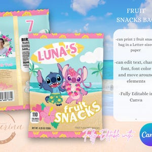 May include: Fruit snacks bag featuring cartoon characters on a beach-themed background. The bag has the text "LUNA'S" and "FRUIT SNACKS". The bag also includes the text "110 CALORIES" and "NET WT. 4.25 OZ (120g)".