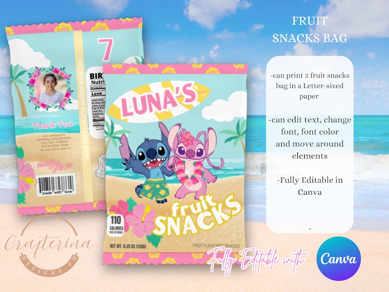 May include: Fruit snacks bag featuring cartoon characters on a beach-themed background. The bag has the text "LUNA'S" and "FRUIT SNACKS". The bag also includes the text "110 CALORIES" and "NET WT. 4.25 OZ (120g)".