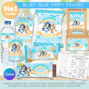 Cadeau d'anniversaire chien bleu bleu orange, décoration d'anniversaire bleu bleu, lot garçon bleu bleu, fête bleu bleu, étiquette de bouteille, sac de chips bleu bleu, jus de fruits, activité bleu