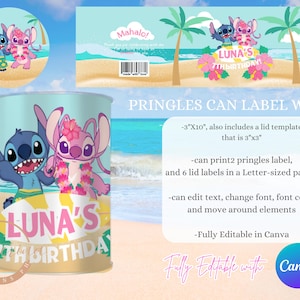 May include: A Pringles can label with a lid template featuring the characters Stitch and Angel on a beach background. The label includes the text "LUNA'S 7TH BIRTHDAY" and is fully editable in Canva. The label measures 3"x10" and the lid template is 3"x3".