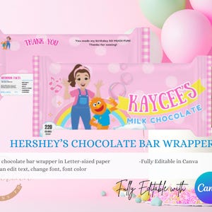 K&ouml;nnte beinhalten: Rosa Hershey's Schokoladenriegel-Verpackung mit dem Text "KAYCEE'S MILK CHOCOLATE". Die Verpackung zeigt ein Cartoon-M&auml;dchen, einen Regenbogen und den Text "Thank You". Das Design ist vollst&auml;ndig in Canva bearbeitbar.