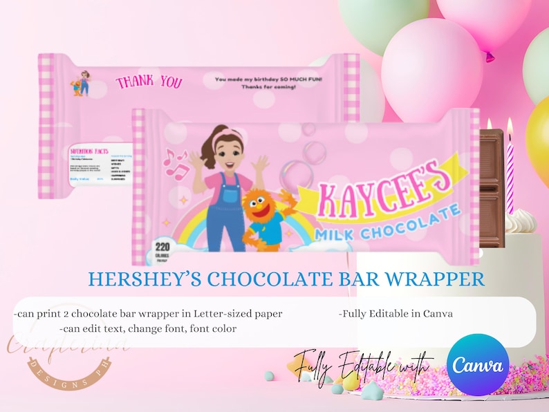 K&ouml;nnte beinhalten: Rosa Hershey's Schokoladenriegel-Verpackung mit dem Text "KAYCEE'S MILK CHOCOLATE". Die Verpackung zeigt ein Cartoon-M&auml;dchen, einen Regenbogen und den Text "Thank You". Das Design ist vollst&auml;ndig in Canva bearbeitbar.