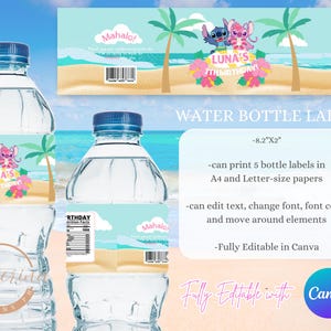 May include: Water bottle labels featuring a tropical beach theme with palm trees and cartoon characters. The labels are designed for a birthday celebration, with text that reads "Luna's 7th Birthday". The labels are fully editable in Canva.